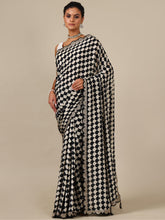 Black & White Dola Silk Saree with Zari Border – Unstitched Black Blouse